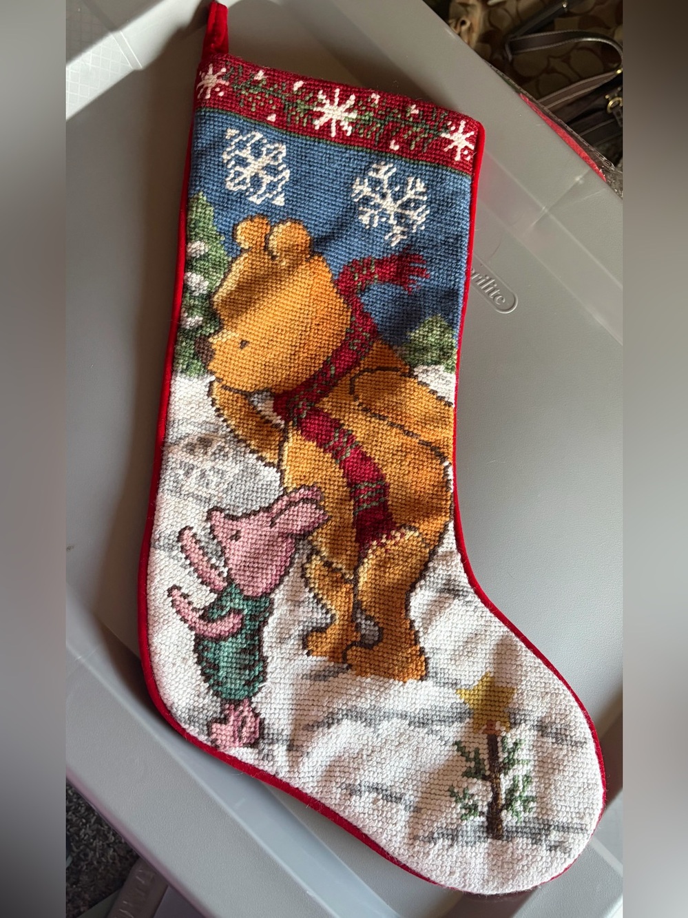 Classic Winnie the Pooh Needlepoint Holiday Stocking - Red, Yellow, Pink